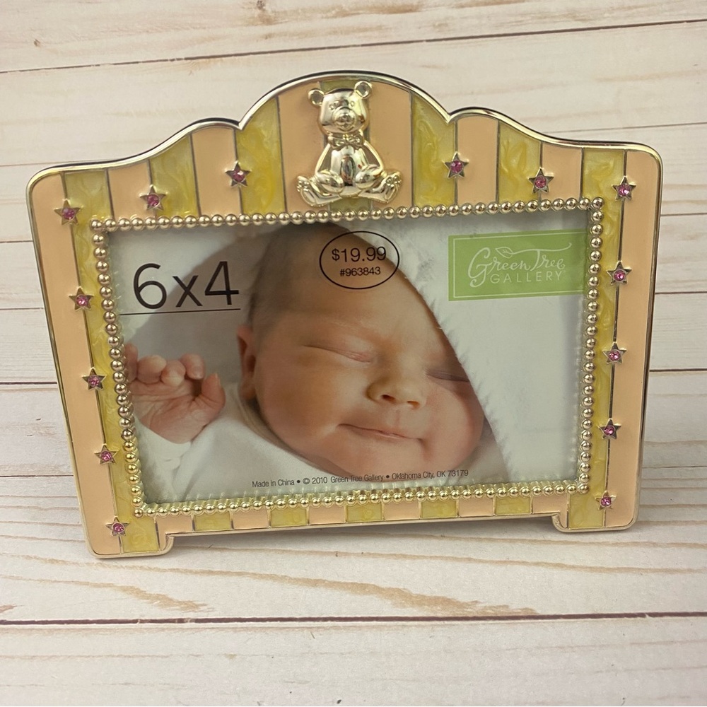 Green Tree Baby Photo Frame Enamel Rhinestone Easel Back Teddy Bear Stars 6x4”